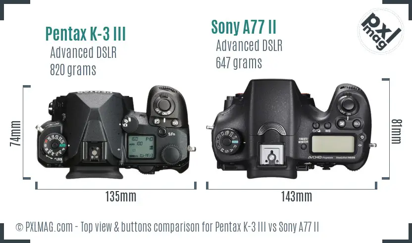 Pentax K-3 III vs Sony A77 II top view buttons comparison