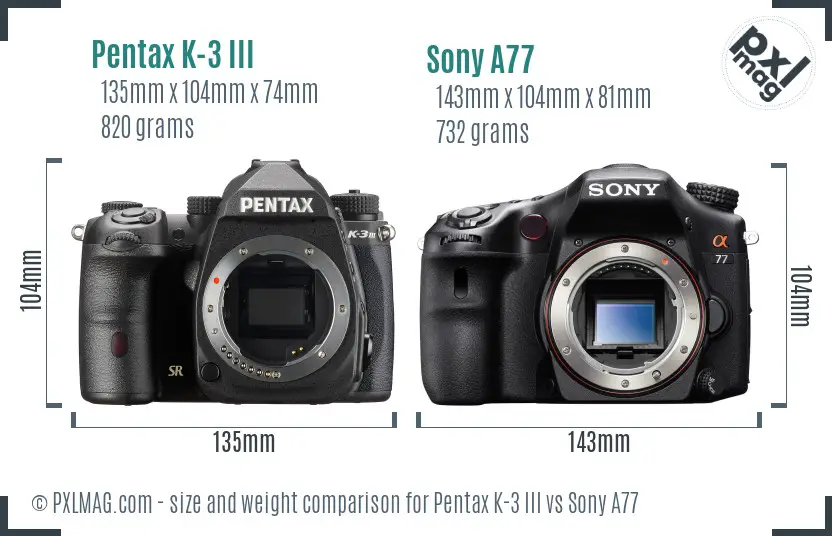Pentax K-3 III vs Sony A77 size comparison
