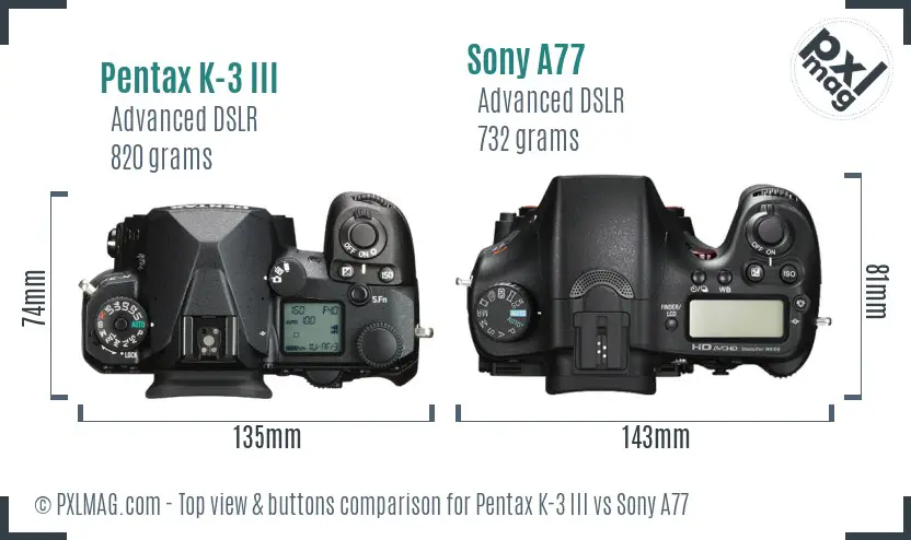 Pentax K-3 III vs Sony A77 top view buttons comparison