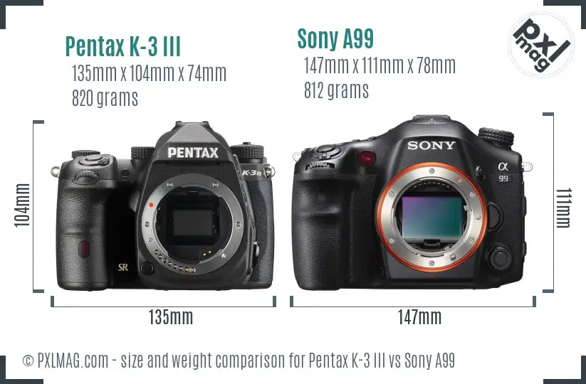 Pentax K-3 III vs Sony A99 size comparison