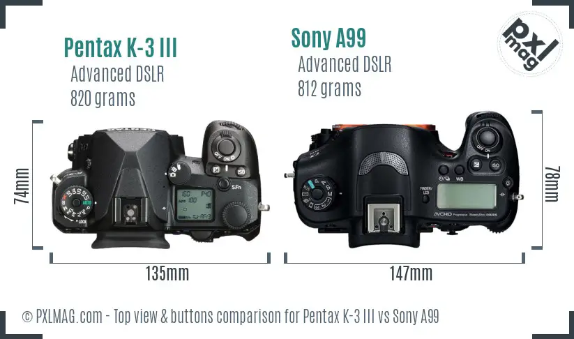 Pentax K-3 III vs Sony A99 top view buttons comparison