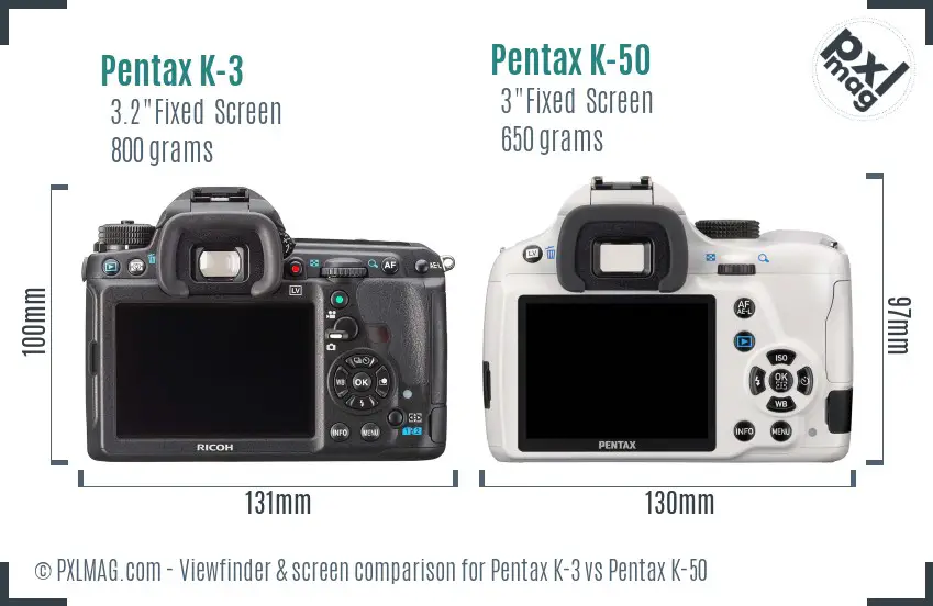 Pentax K-3 vs Pentax K-50 Screen and Viewfinder comparison
