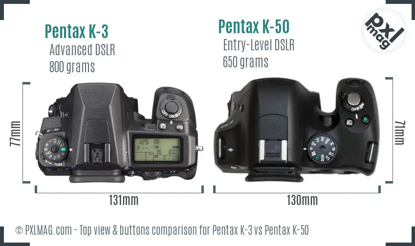 Pentax K-3 vs Pentax K-50 top view buttons comparison