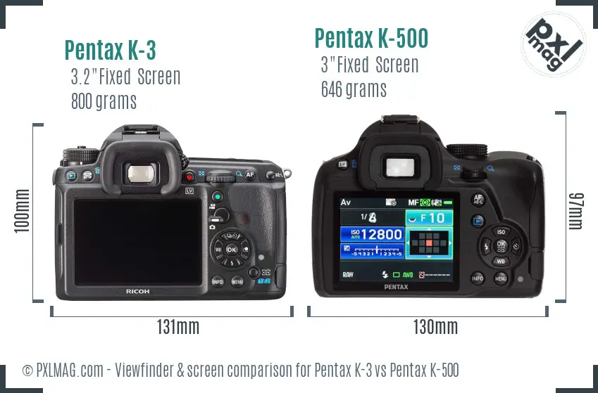 Pentax K-3 vs Pentax K-500 Screen and Viewfinder comparison