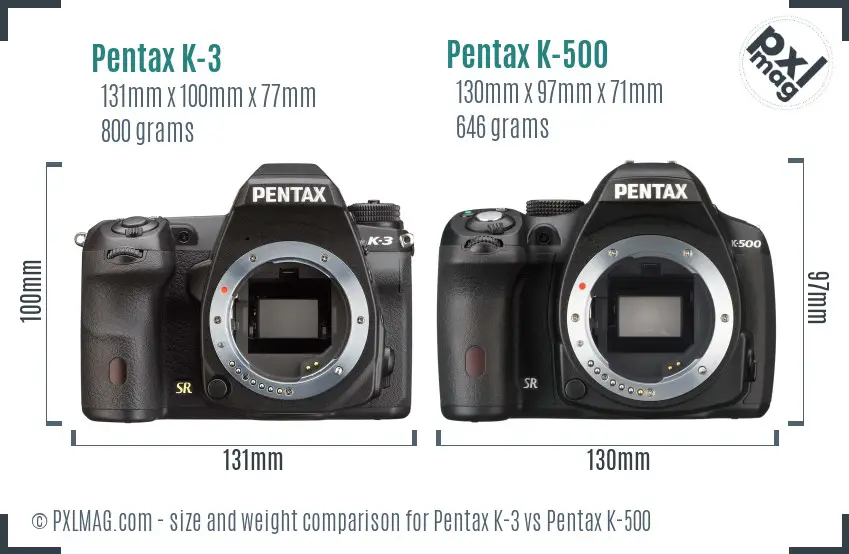 Pentax K-3 vs Pentax K-500 size comparison