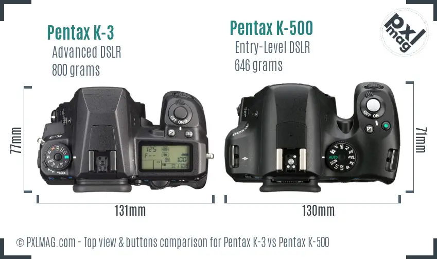 Pentax K-3 vs Pentax K-500 top view buttons comparison