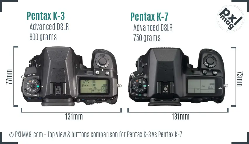 Pentax K-3 vs Pentax K-7 top view buttons comparison