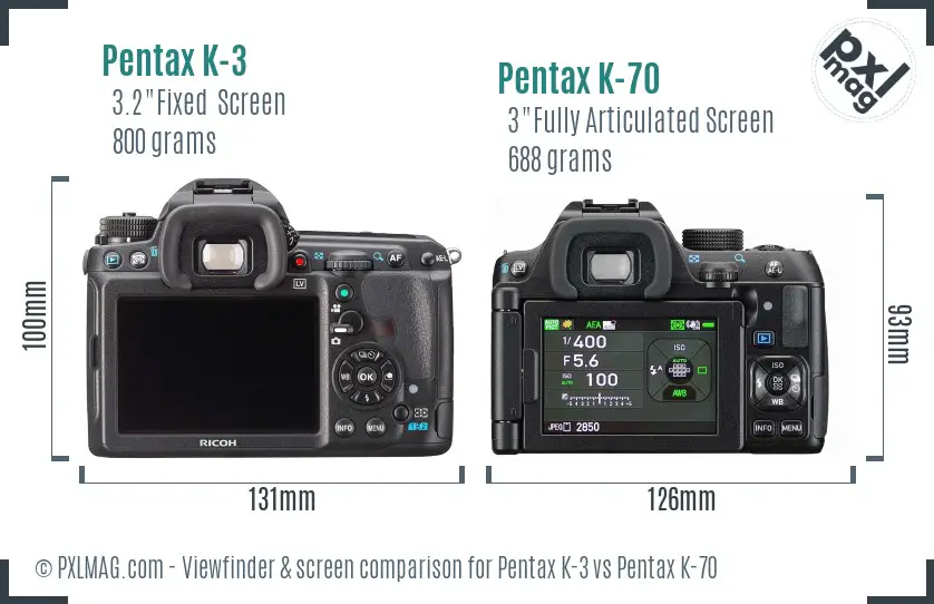 Pentax K-3 vs Pentax K-70 Screen and Viewfinder comparison
