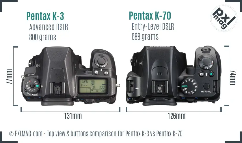 Pentax K-3 vs Pentax K-70 top view buttons comparison