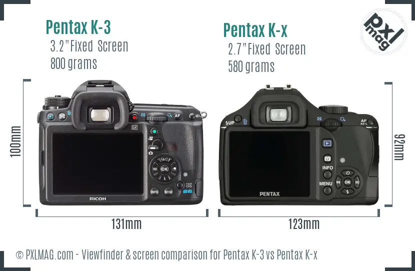 Pentax K-3 vs Pentax K-x Screen and Viewfinder comparison