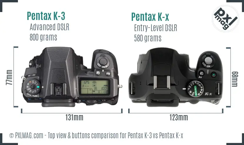 Pentax K-3 vs Pentax K-x top view buttons comparison