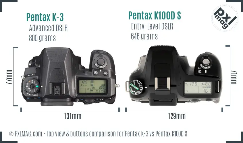 Pentax K-3 vs Pentax K100D S top view buttons comparison