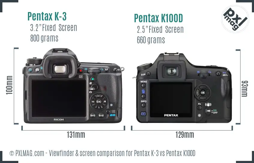 Pentax K-3 vs Pentax K100D Screen and Viewfinder comparison