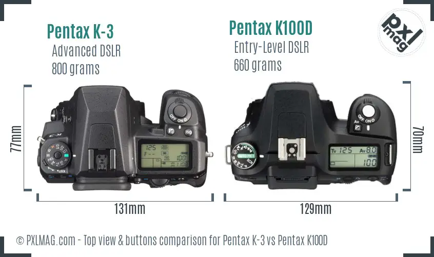 Pentax K-3 vs Pentax K100D top view buttons comparison