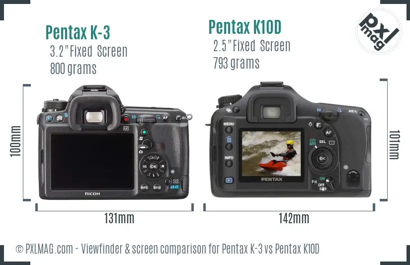 Pentax K-3 vs Pentax K10D Screen and Viewfinder comparison