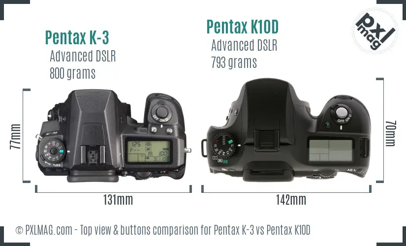 Pentax K-3 vs Pentax K10D top view buttons comparison