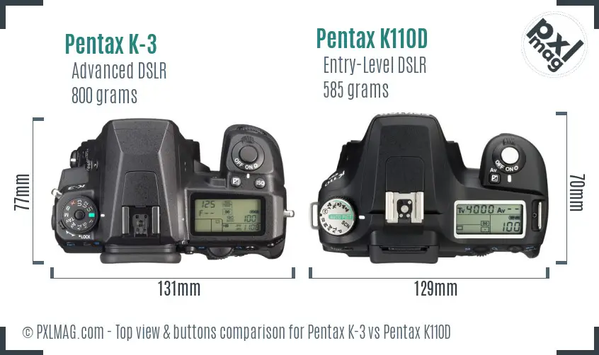 Pentax K-3 vs Pentax K110D top view buttons comparison