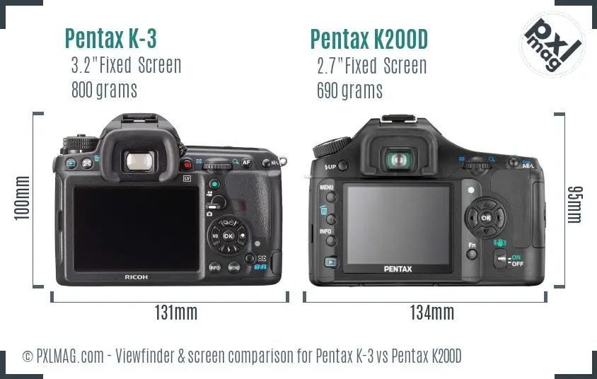 Pentax K-3 vs Pentax K200D Screen and Viewfinder comparison