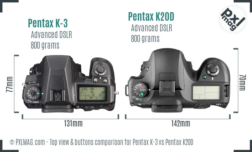 Pentax K-3 vs Pentax K20D top view buttons comparison