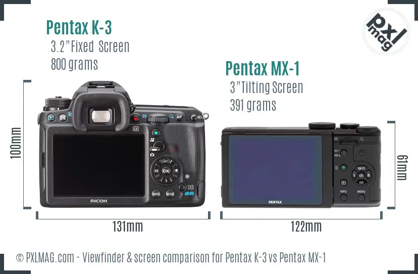 Pentax K-3 vs Pentax MX-1 Screen and Viewfinder comparison