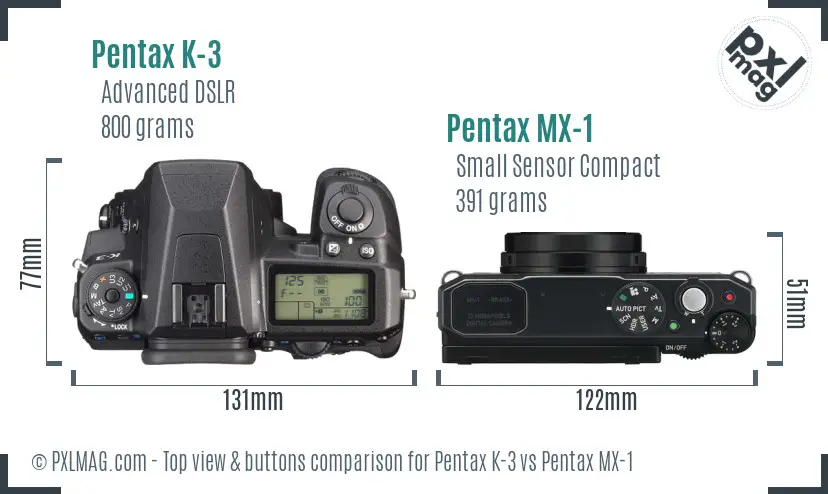 Pentax K-3 vs Pentax MX-1 top view buttons comparison