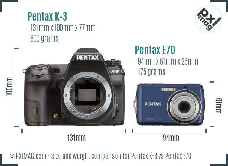 Pentax K-3 vs Pentax E70 size comparison