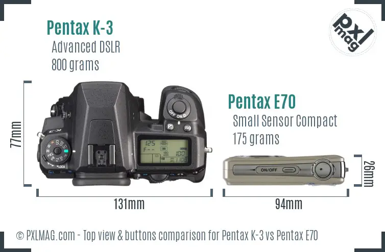 Pentax K-3 vs Pentax E70 top view buttons comparison