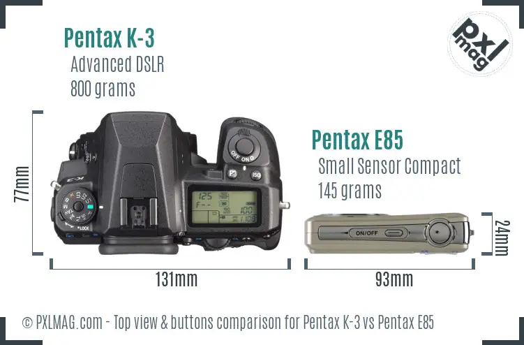 Pentax K-3 vs Pentax E85 top view buttons comparison
