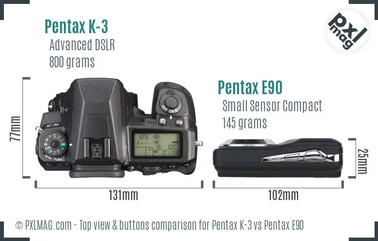 Pentax K-3 vs Pentax E90 top view buttons comparison