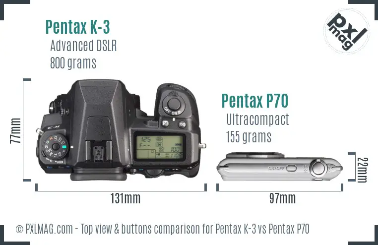 Pentax K-3 vs Pentax P70 top view buttons comparison