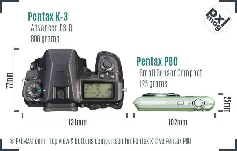Pentax K-3 vs Pentax P80 top view buttons comparison