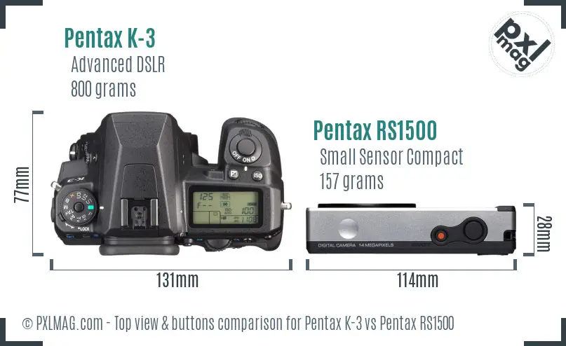 Pentax K-3 vs Pentax RS1500 top view buttons comparison