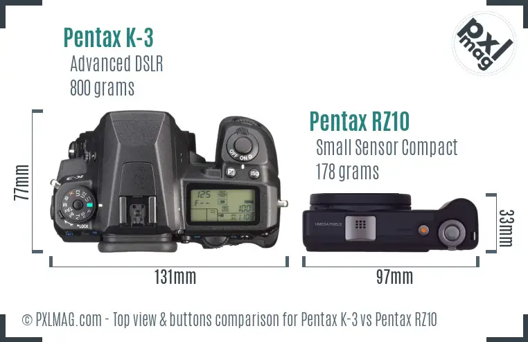 Pentax K-3 vs Pentax RZ10 top view buttons comparison
