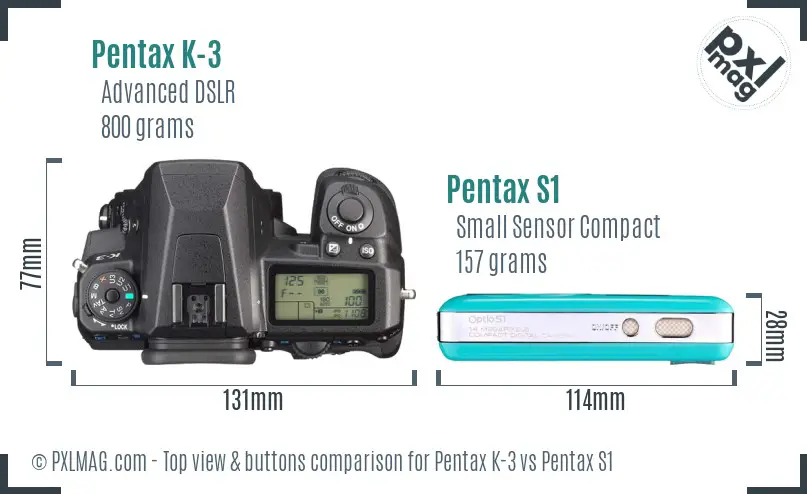 Pentax K-3 vs Pentax S1 top view buttons comparison
