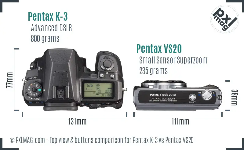 Pentax K-3 vs Pentax VS20 top view buttons comparison