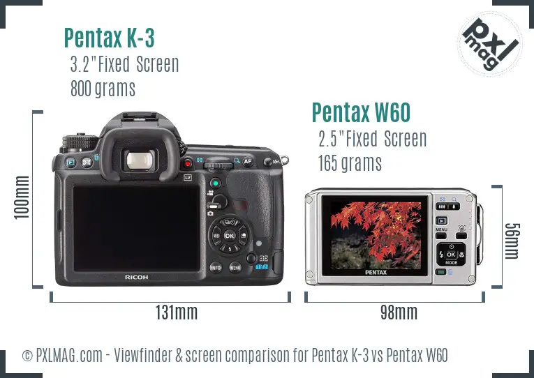 Pentax K-3 vs Pentax W60 Screen and Viewfinder comparison
