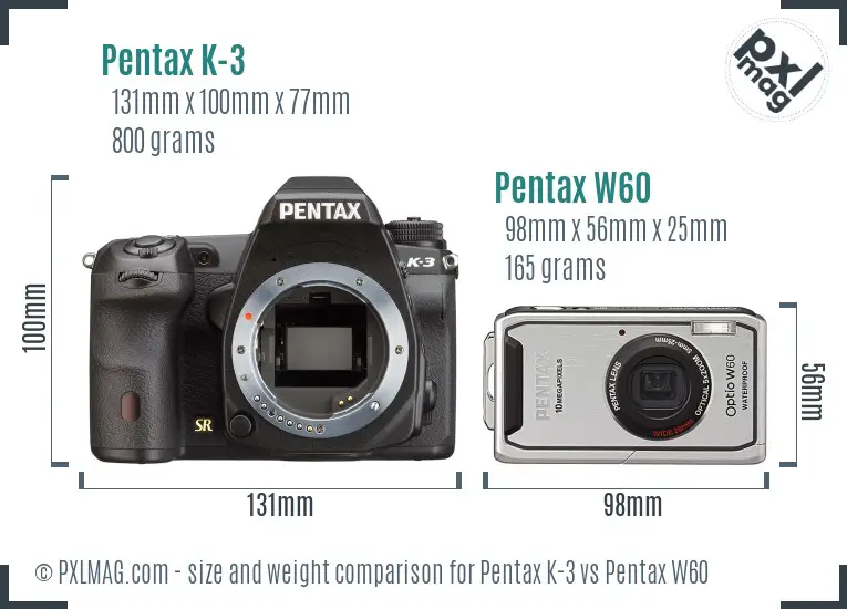 Pentax K-3 vs Pentax W60 size comparison