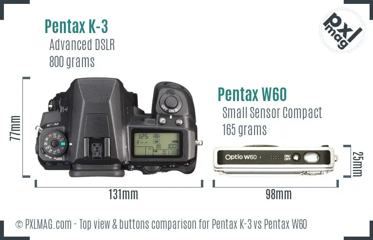 Pentax K-3 vs Pentax W60 top view buttons comparison