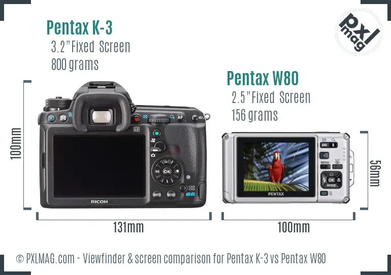 Pentax K-3 vs Pentax W80 Screen and Viewfinder comparison