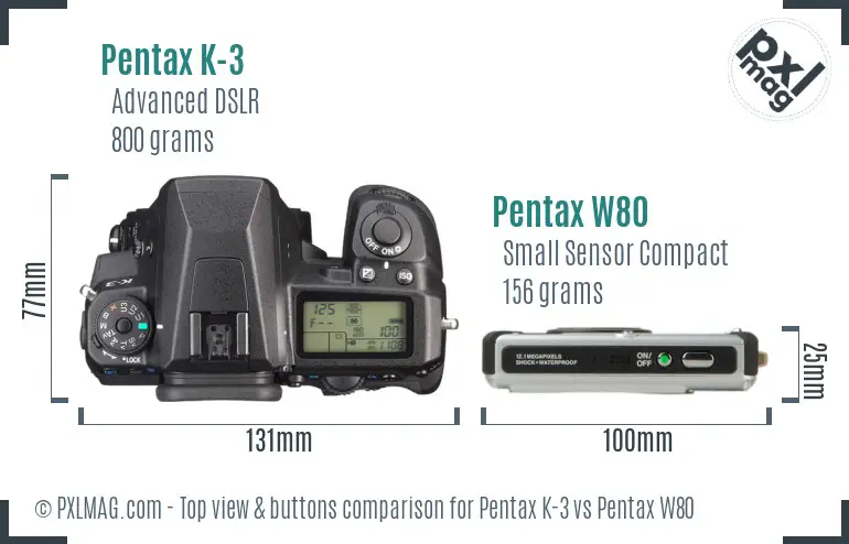 Pentax K-3 vs Pentax W80 top view buttons comparison