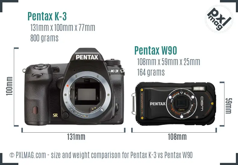 Pentax K-3 vs Pentax W90 size comparison