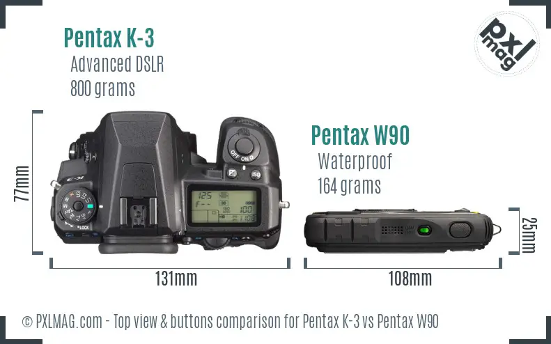 Pentax K-3 vs Pentax W90 top view buttons comparison