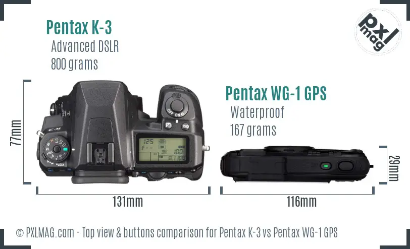 Pentax K-3 vs Pentax WG-1 GPS top view buttons comparison