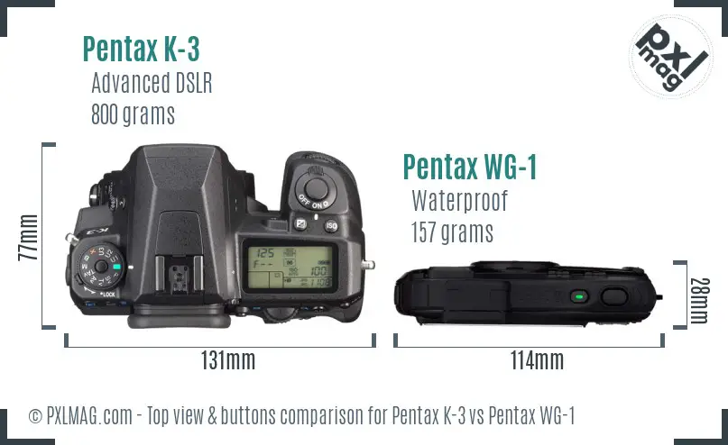 Pentax K-3 vs Pentax WG-1 top view buttons comparison