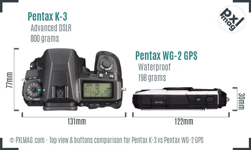 Pentax K-3 vs Pentax WG-2 GPS top view buttons comparison