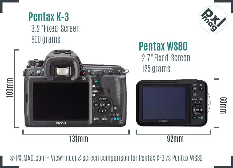 Pentax K-3 vs Pentax WS80 Screen and Viewfinder comparison