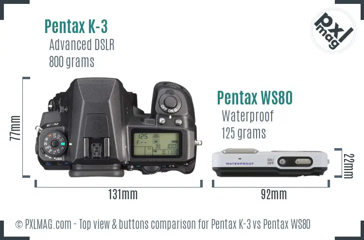 Pentax K-3 vs Pentax WS80 top view buttons comparison