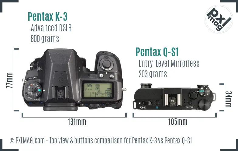 Pentax K-3 vs Pentax Q-S1 top view buttons comparison