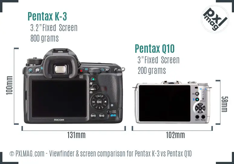 Pentax K-3 vs Pentax Q10 Screen and Viewfinder comparison