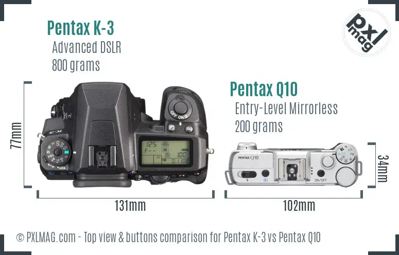 Pentax K-3 vs Pentax Q10 top view buttons comparison